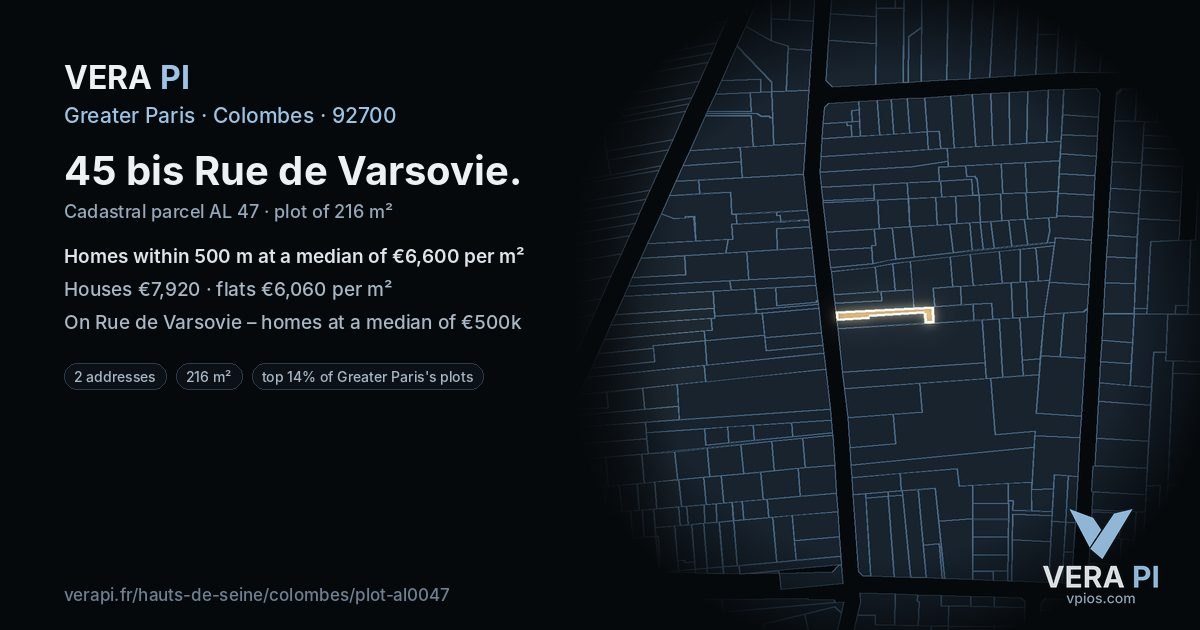 45 bis Rue de Varsovie, Colombes at night – the plot lit, the parcels around coloured by the prices near them