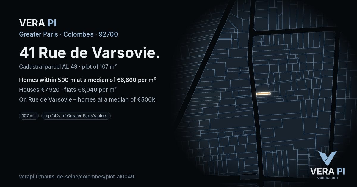 41 Rue de Varsovie, Colombes at night – the plot lit, the parcels around coloured by the prices near them