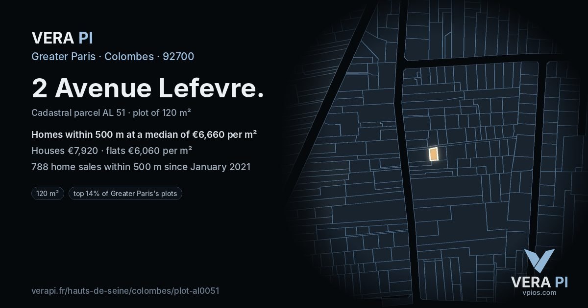 2 Avenue Lefevre, Colombes at night – the plot lit, the parcels around coloured by the prices near them
