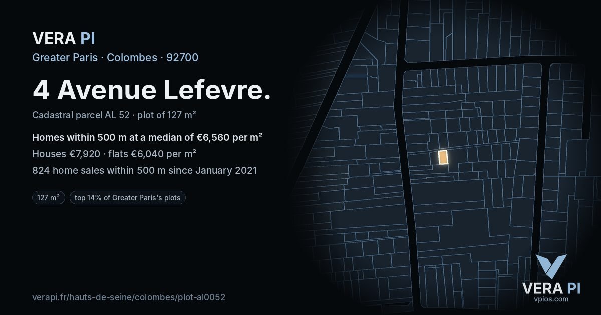 4 Avenue Lefevre, Colombes at night – the plot lit, the parcels around coloured by the prices near them