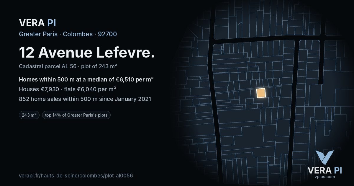 12 Avenue Lefevre, Colombes at night – the plot lit, the parcels around coloured by the prices near them