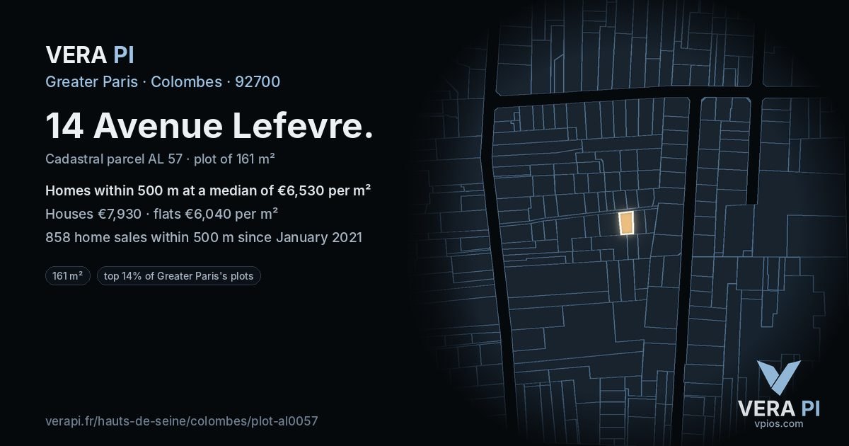 14 Avenue Lefevre, Colombes at night – the plot lit, the parcels around coloured by the prices near them