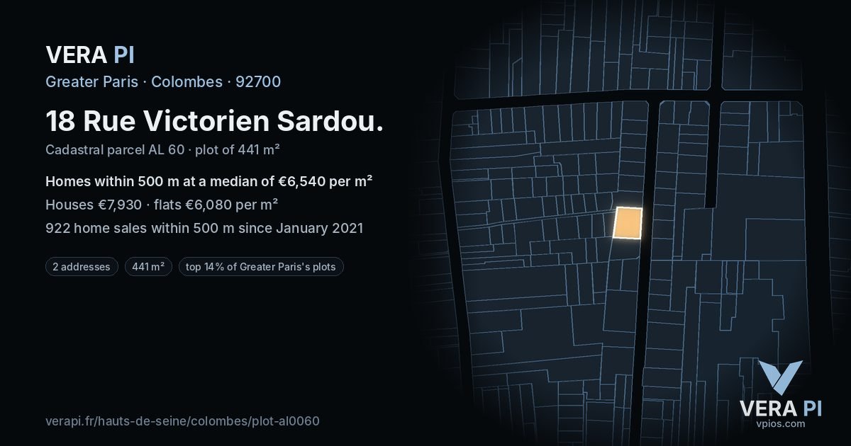18 Rue Victorien Sardou, Colombes at night – the plot lit, the parcels around coloured by the prices near them