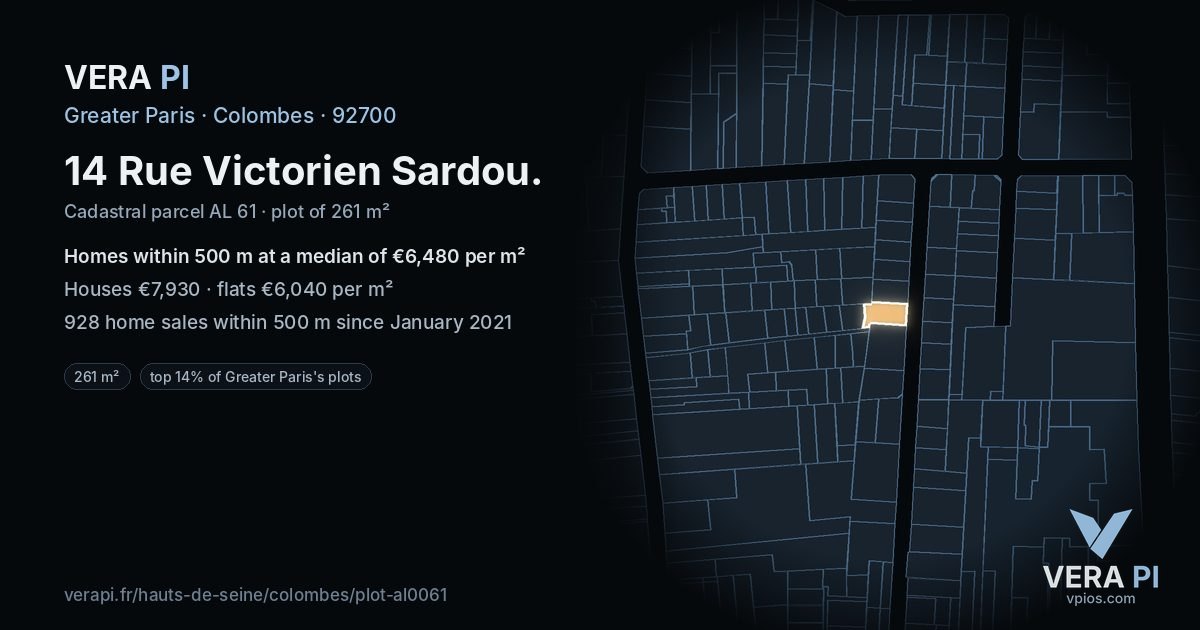 14 Rue Victorien Sardou, Colombes at night – the plot lit, the parcels around coloured by the prices near them