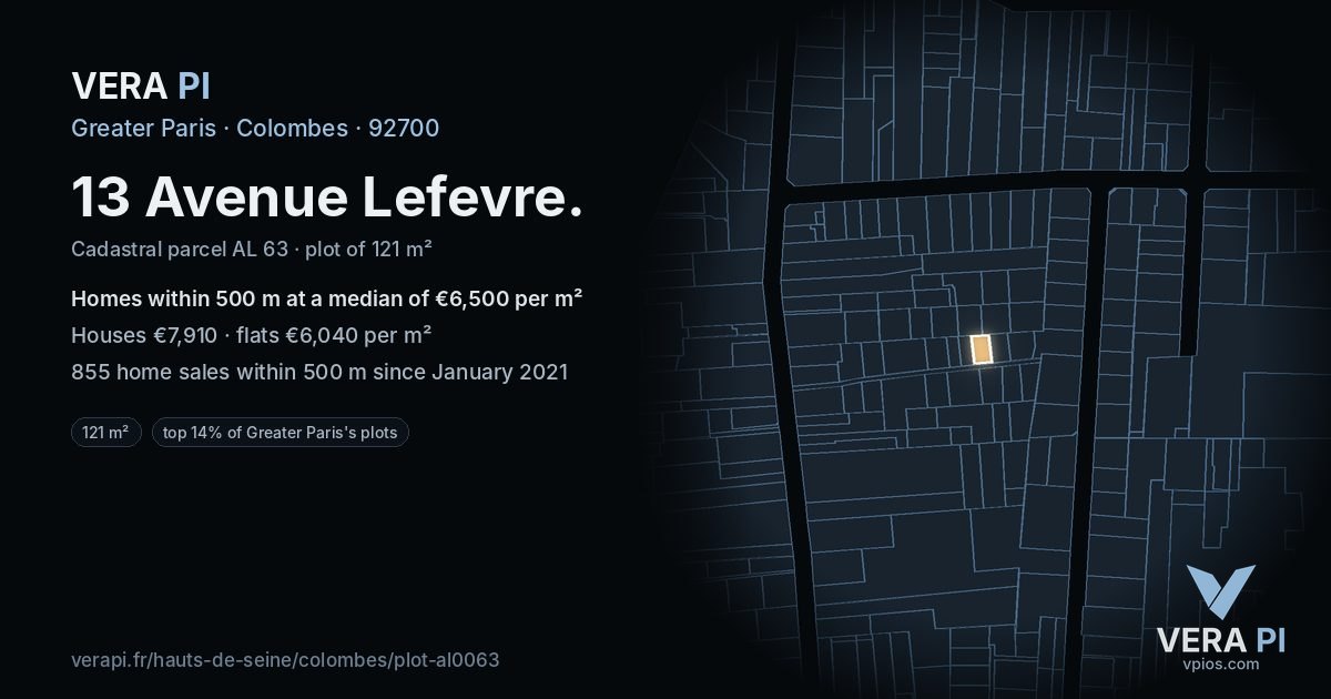 13 Avenue Lefevre, Colombes at night – the plot lit, the parcels around coloured by the prices near them