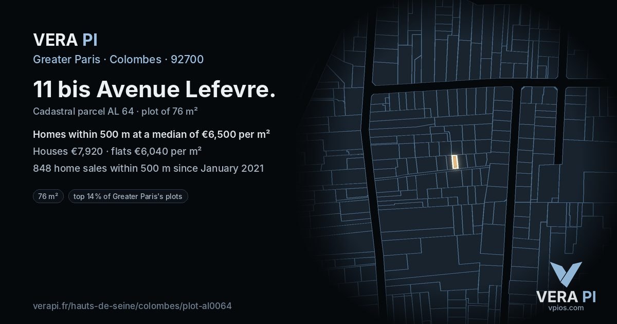 11 bis Avenue Lefevre, Colombes at night – the plot lit, the parcels around coloured by the prices near them
