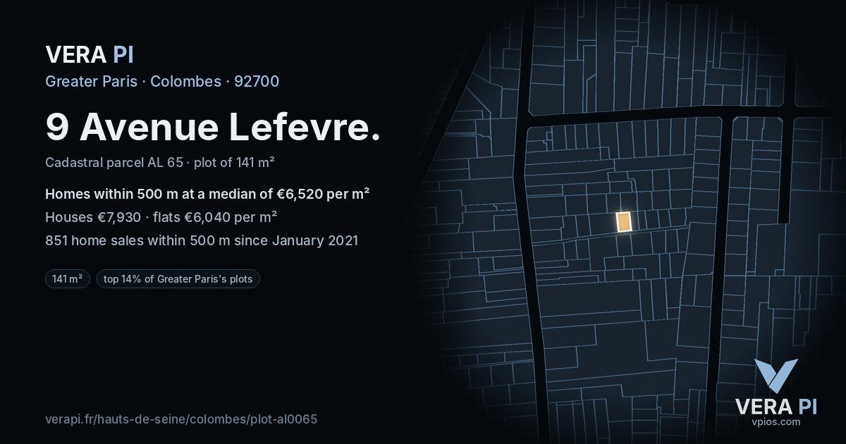 9 Avenue Lefevre, Colombes at night – the plot lit, the parcels around coloured by the prices near them