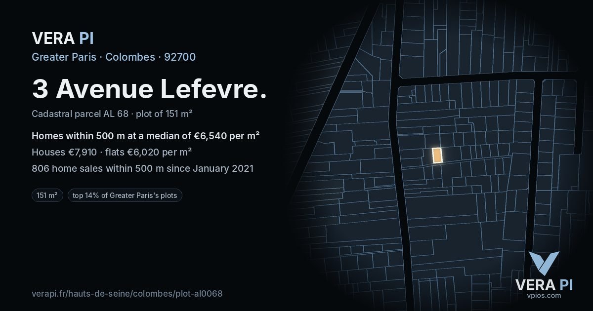 3 Avenue Lefevre, Colombes at night – the plot lit, the parcels around coloured by the prices near them