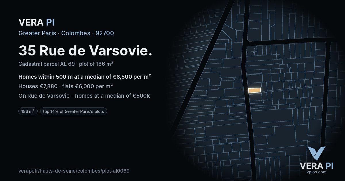 35 Rue de Varsovie, Colombes at night – the plot lit, the parcels around coloured by the prices near them