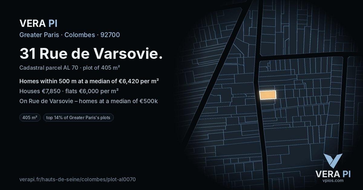 31 Rue de Varsovie, Colombes at night – the plot lit, the parcels around coloured by the prices near them