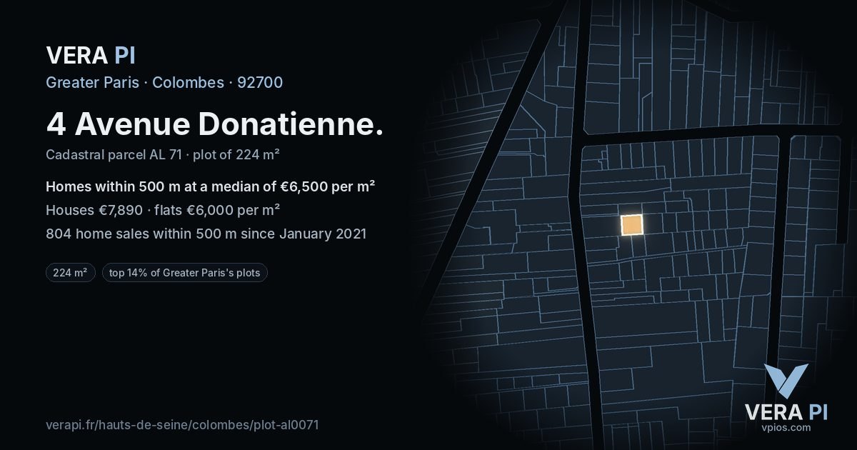 4 Avenue Donatienne, Colombes at night – the plot lit, the parcels around coloured by the prices near them