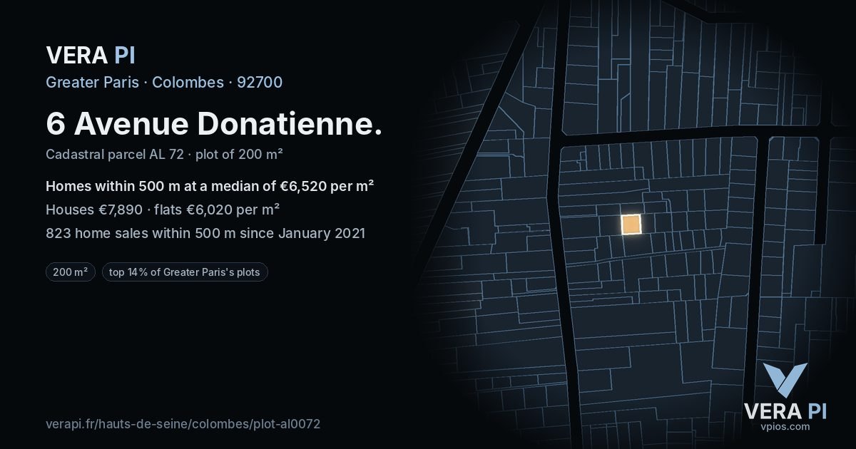 6 Avenue Donatienne, Colombes at night – the plot lit, the parcels around coloured by the prices near them