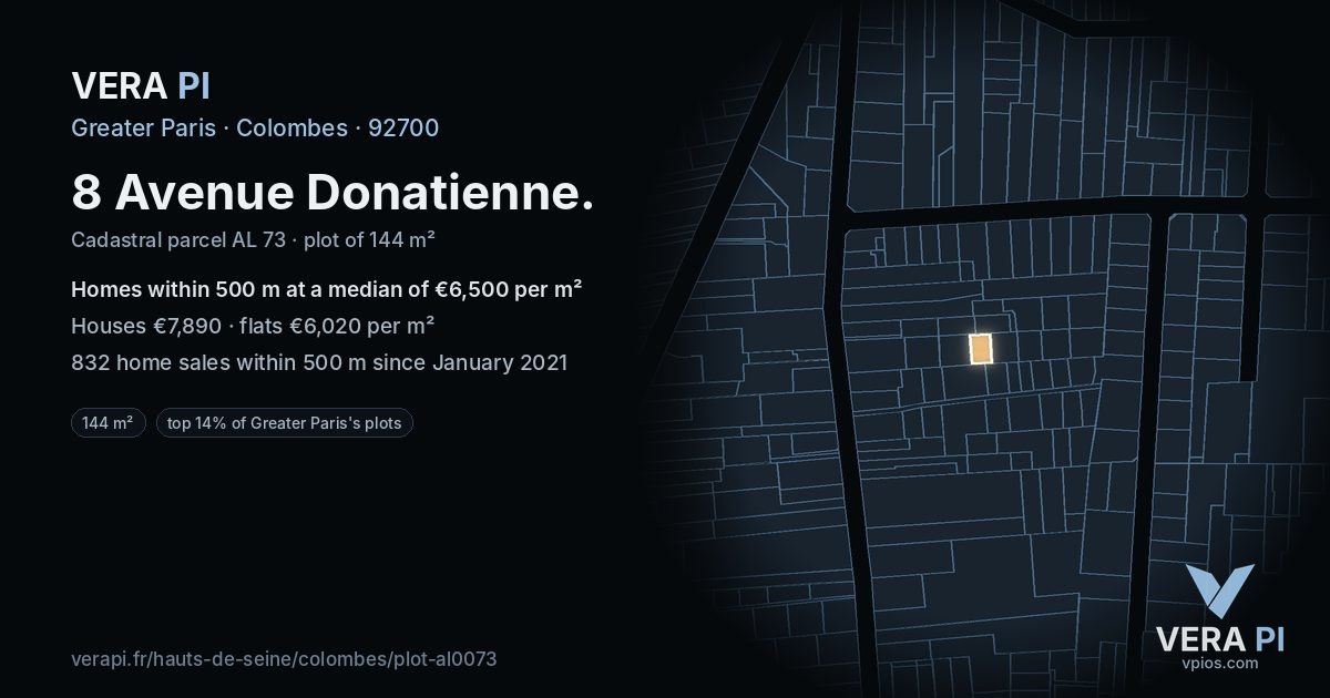 8 Avenue Donatienne, Colombes at night – the plot lit, the parcels around coloured by the prices near them