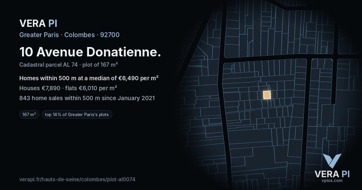 10 Avenue Donatienne, Colombes at night – the plot lit, the parcels around coloured by the prices near them
