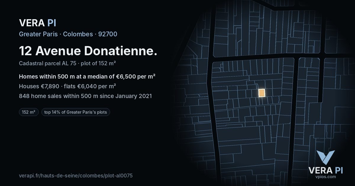 12 Avenue Donatienne, Colombes at night – the plot lit, the parcels around coloured by the prices near them