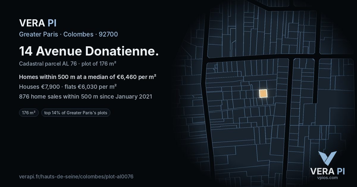 14 Avenue Donatienne, Colombes at night – the plot lit, the parcels around coloured by the prices near them
