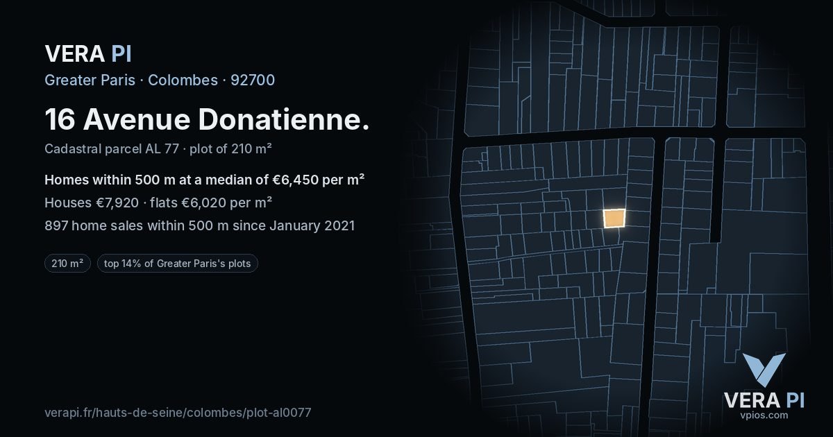 16 Avenue Donatienne, Colombes at night – the plot lit, the parcels around coloured by the prices near them