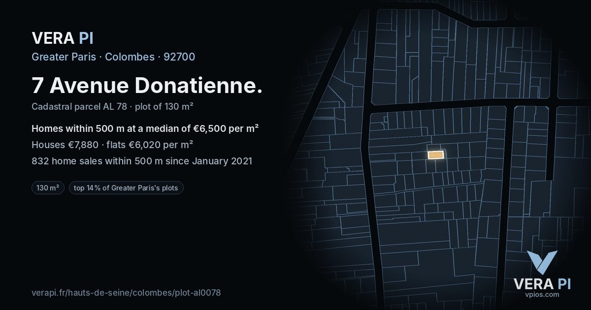 7 Avenue Donatienne, Colombes at night – the plot lit, the parcels around coloured by the prices near them