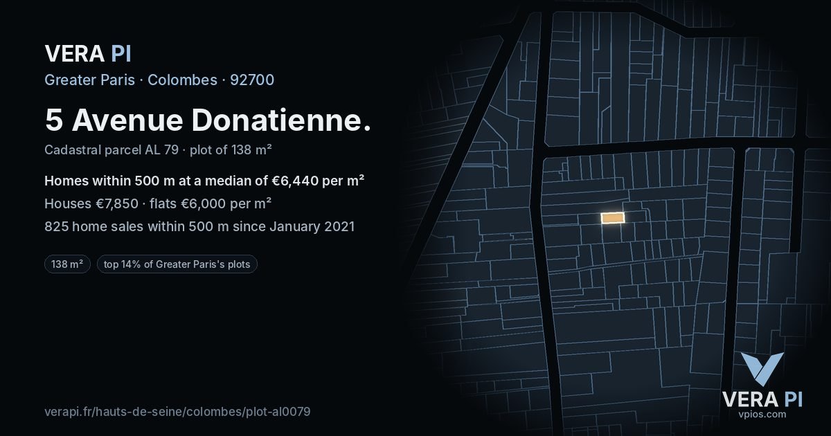 5 Avenue Donatienne, Colombes at night – the plot lit, the parcels around coloured by the prices near them