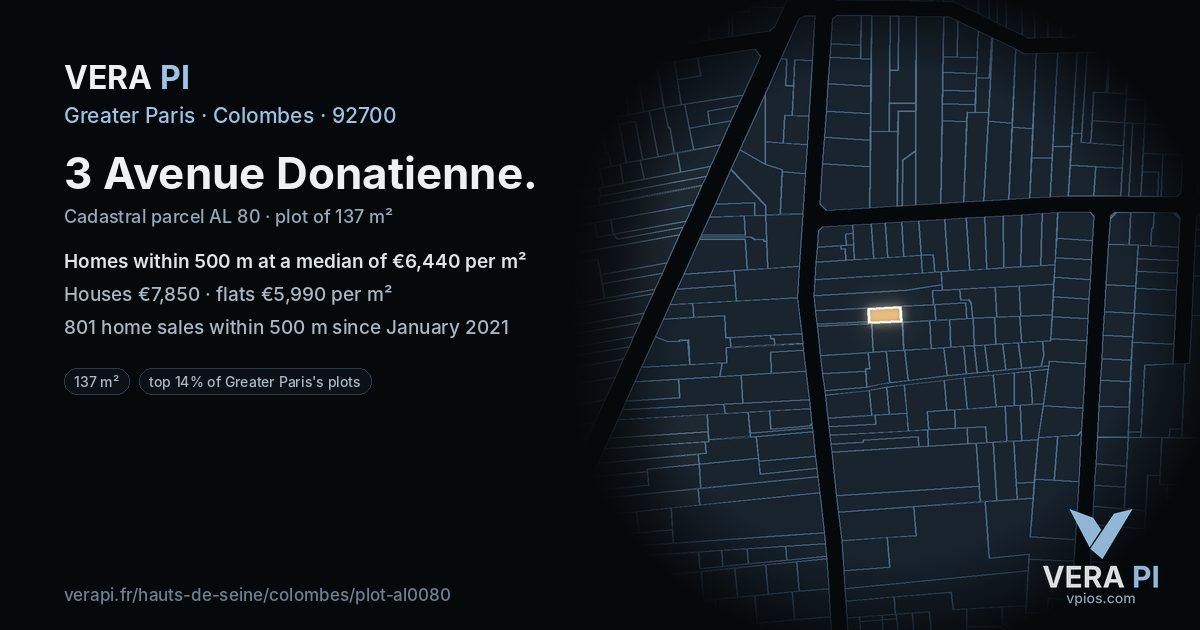 3 Avenue Donatienne, Colombes at night – the plot lit, the parcels around coloured by the prices near them