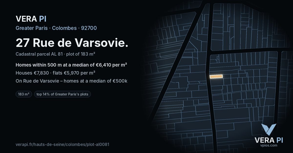 27 Rue de Varsovie, Colombes at night – the plot lit, the parcels around coloured by the prices near them