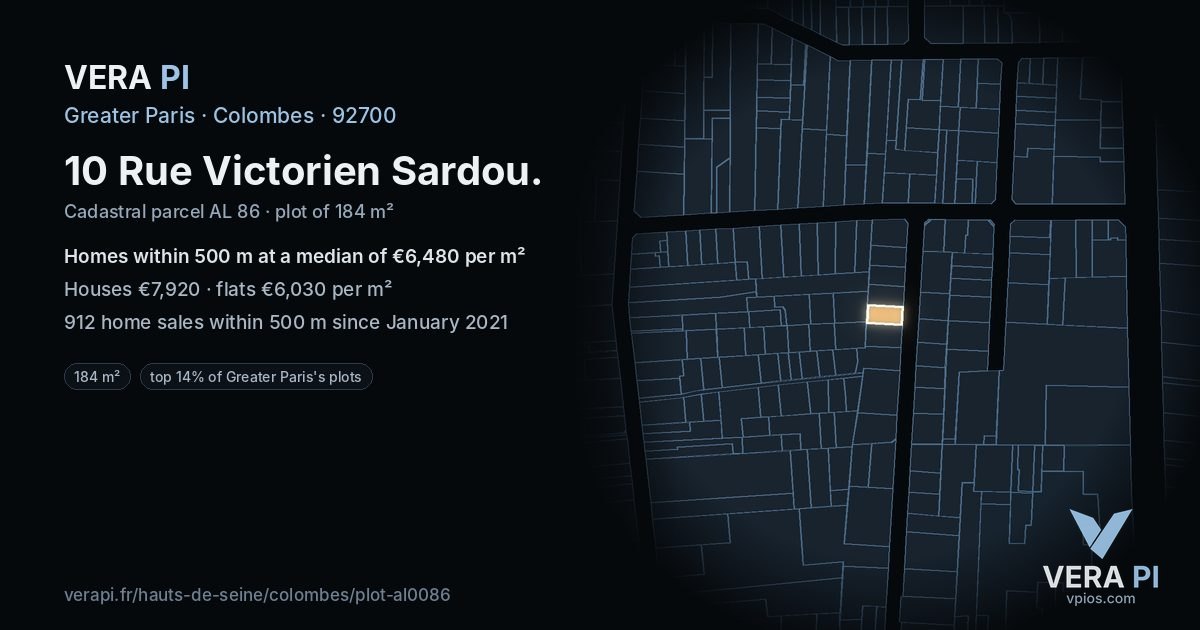 10 Rue Victorien Sardou, Colombes at night – the plot lit, the parcels around coloured by the prices near them