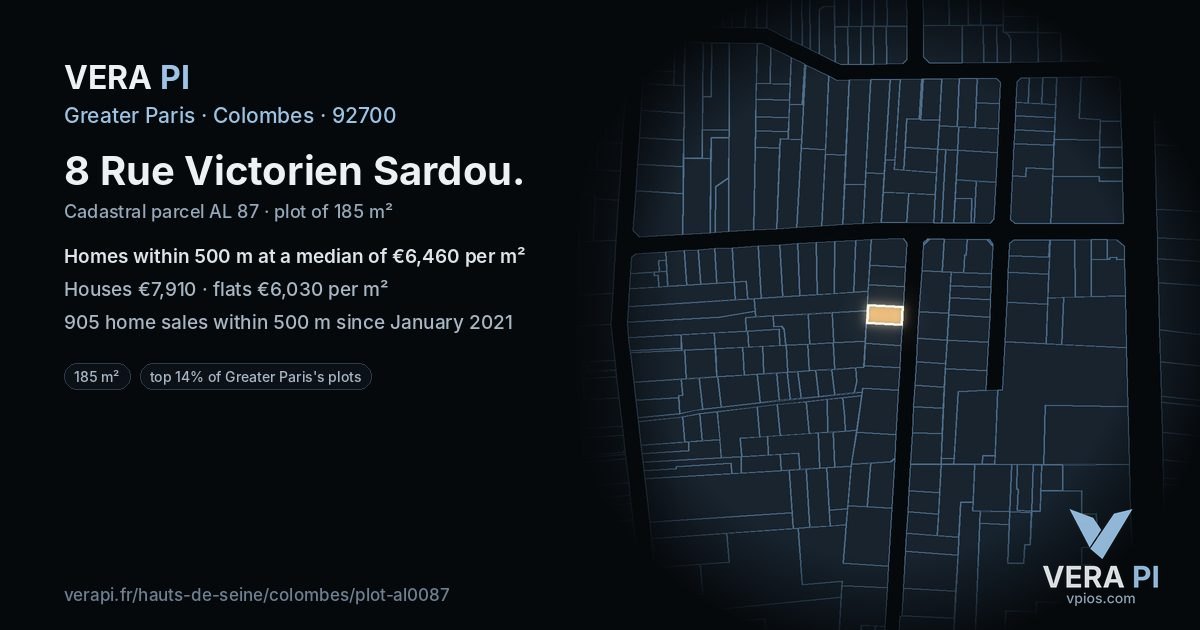 8 Rue Victorien Sardou, Colombes at night – the plot lit, the parcels around coloured by the prices near them