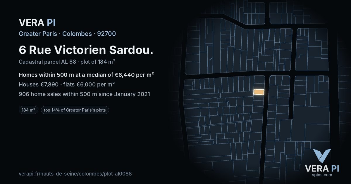 6 Rue Victorien Sardou, Colombes at night – the plot lit, the parcels around coloured by the prices near them