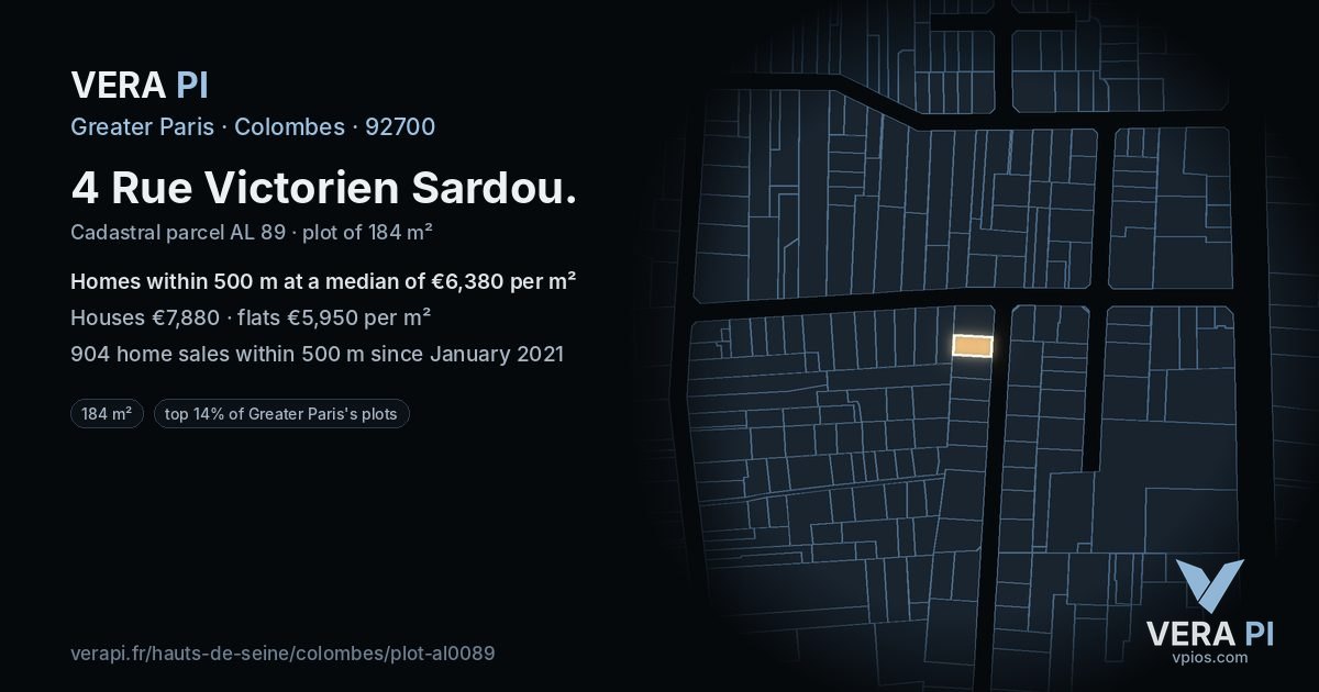 4 Rue Victorien Sardou, Colombes at night – the plot lit, the parcels around coloured by the prices near them