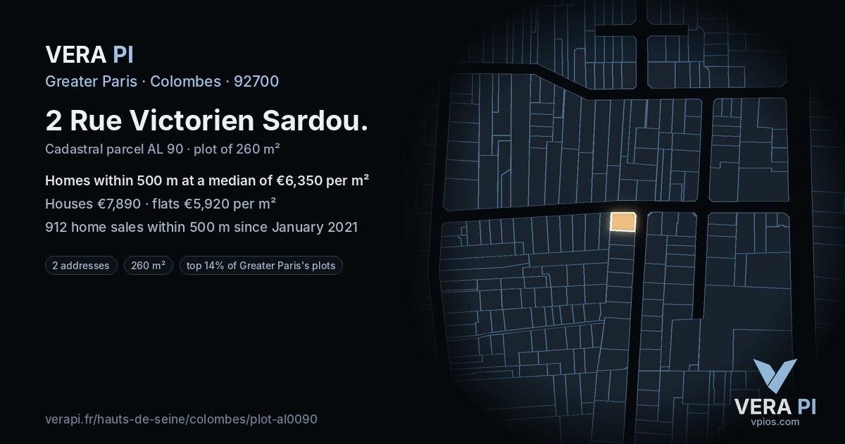 2 Rue Victorien Sardou, Colombes at night – the plot lit, the parcels around coloured by the prices near them