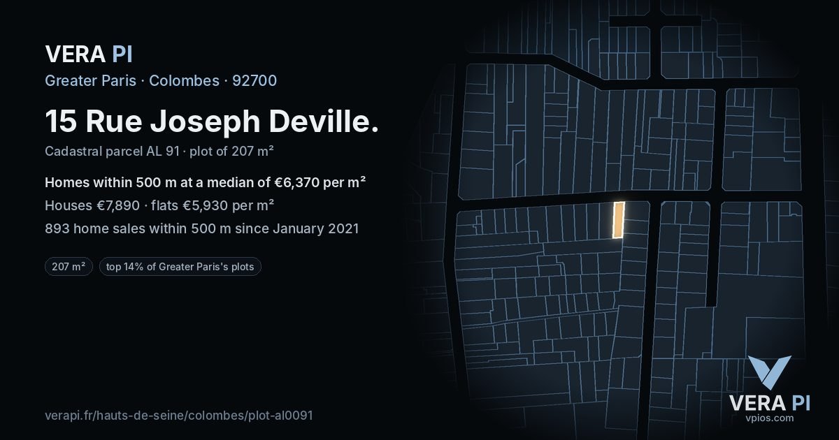 15 Rue Joseph Deville, Colombes at night – the plot lit, the parcels around coloured by the prices near them