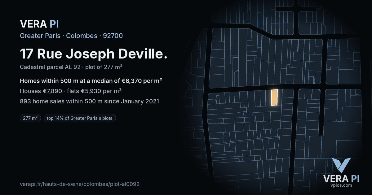17 Rue Joseph Deville, Colombes at night – the plot lit, the parcels around coloured by the prices near them