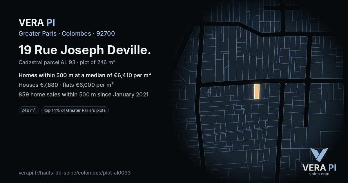 19 Rue Joseph Deville, Colombes at night – the plot lit, the parcels around coloured by the prices near them