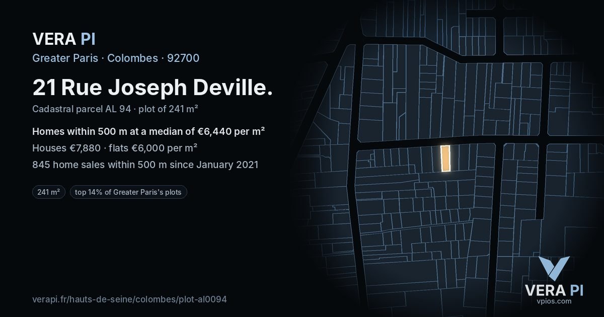 21 Rue Joseph Deville, Colombes at night – the plot lit, the parcels around coloured by the prices near them