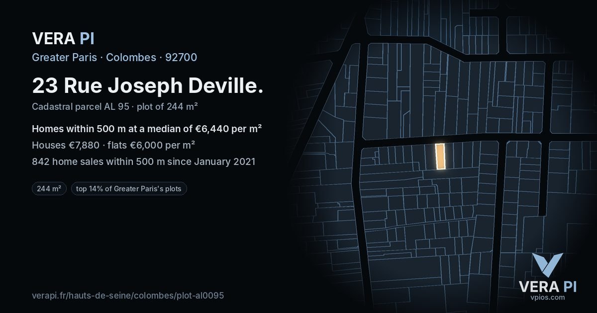 23 Rue Joseph Deville, Colombes at night – the plot lit, the parcels around coloured by the prices near them