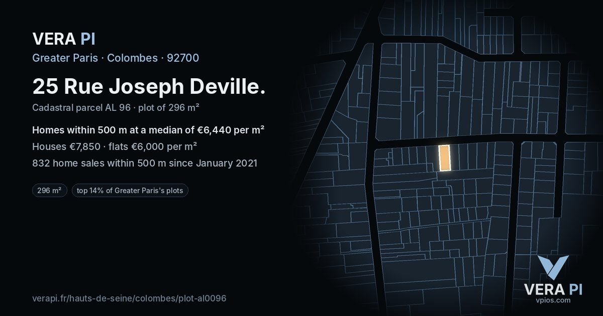 25 Rue Joseph Deville, Colombes at night – the plot lit, the parcels around coloured by the prices near them