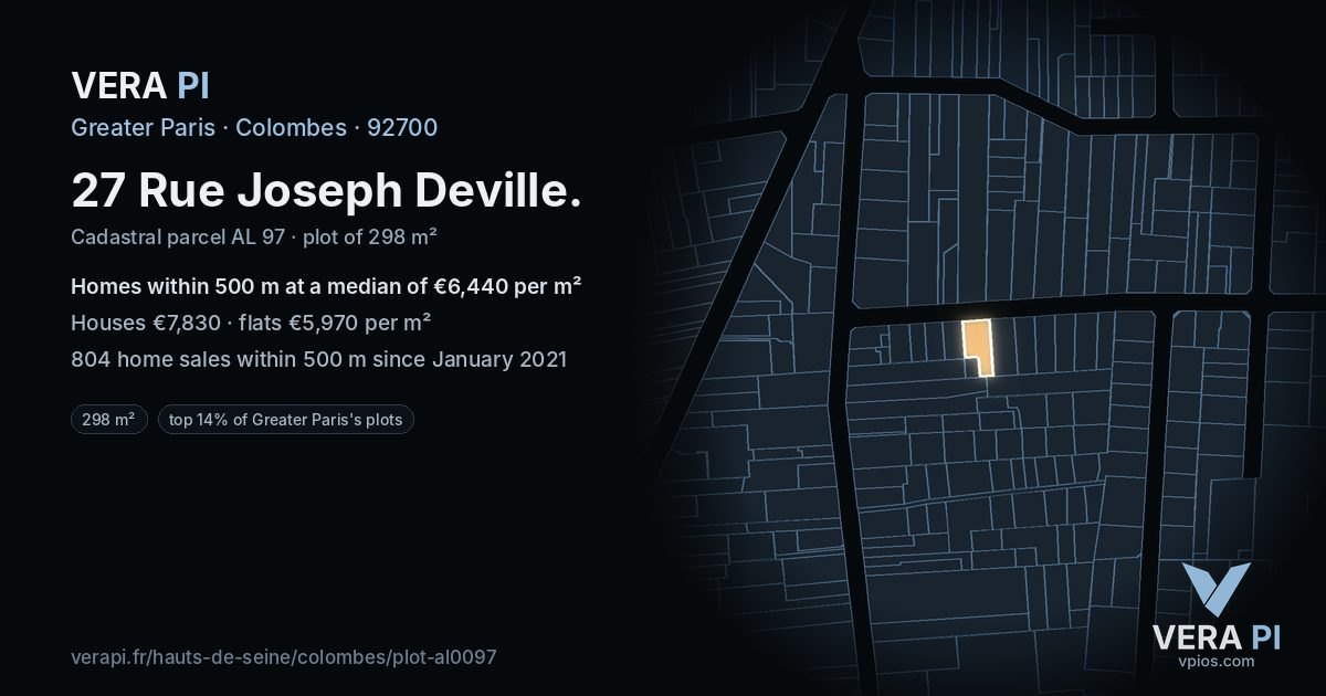 27 Rue Joseph Deville, Colombes at night – the plot lit, the parcels around coloured by the prices near them