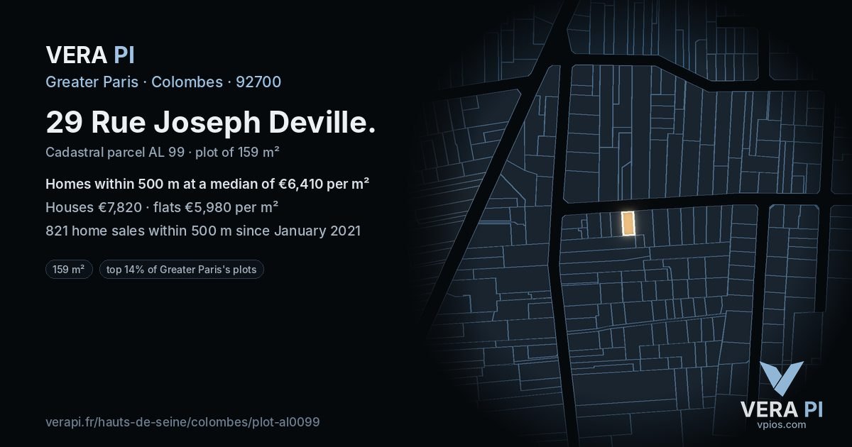 29 Rue Joseph Deville, Colombes at night – the plot lit, the parcels around coloured by the prices near them