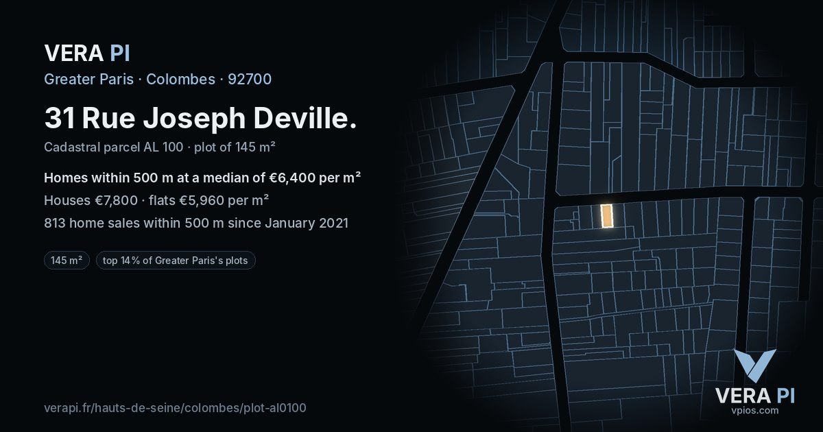 31 Rue Joseph Deville, Colombes at night – the plot lit, the parcels around coloured by the prices near them
