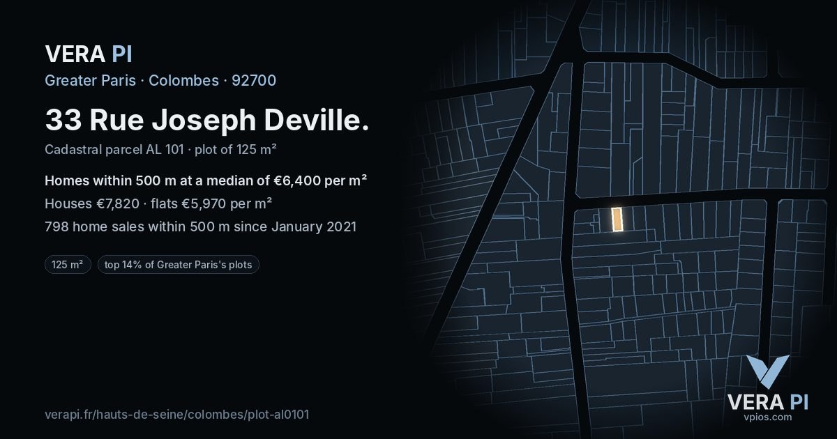 33 Rue Joseph Deville, Colombes at night – the plot lit, the parcels around coloured by the prices near them