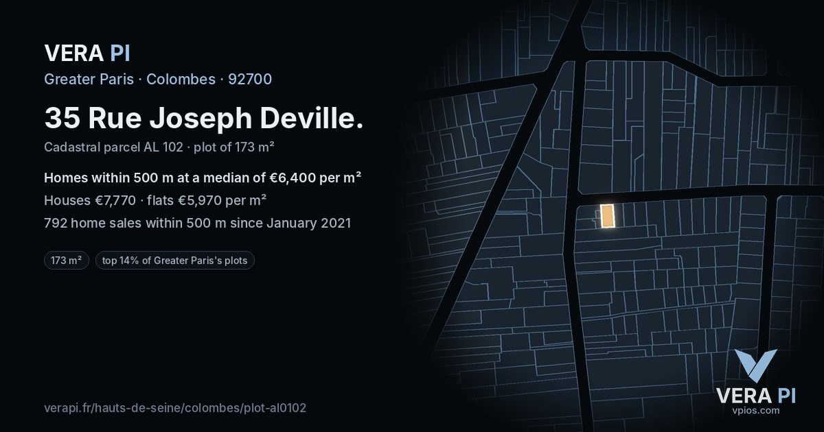 35 Rue Joseph Deville, Colombes at night – the plot lit, the parcels around coloured by the prices near them
