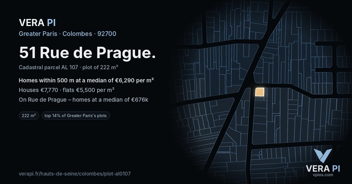 51 Rue de Prague, Colombes at night – the plot lit, the parcels around coloured by the prices near them