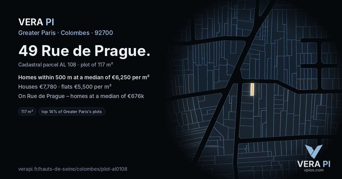 49 Rue de Prague, Colombes at night – the plot lit, the parcels around coloured by the prices near them