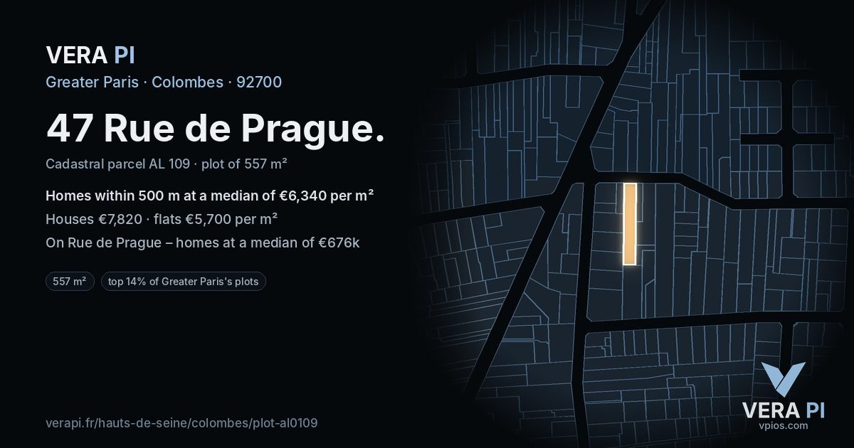 47 Rue de Prague, Colombes at night – the plot lit, the parcels around coloured by the prices near them