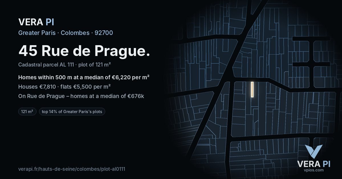 45 Rue de Prague, Colombes at night – the plot lit, the parcels around coloured by the prices near them