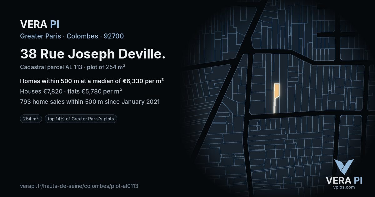 38 Rue Joseph Deville, Colombes at night – the plot lit, the parcels around coloured by the prices near them