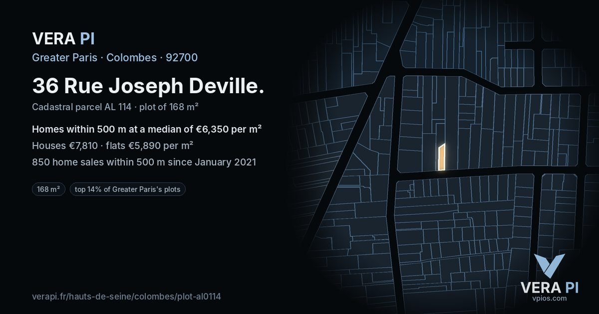 36 Rue Joseph Deville, Colombes at night – the plot lit, the parcels around coloured by the prices near them