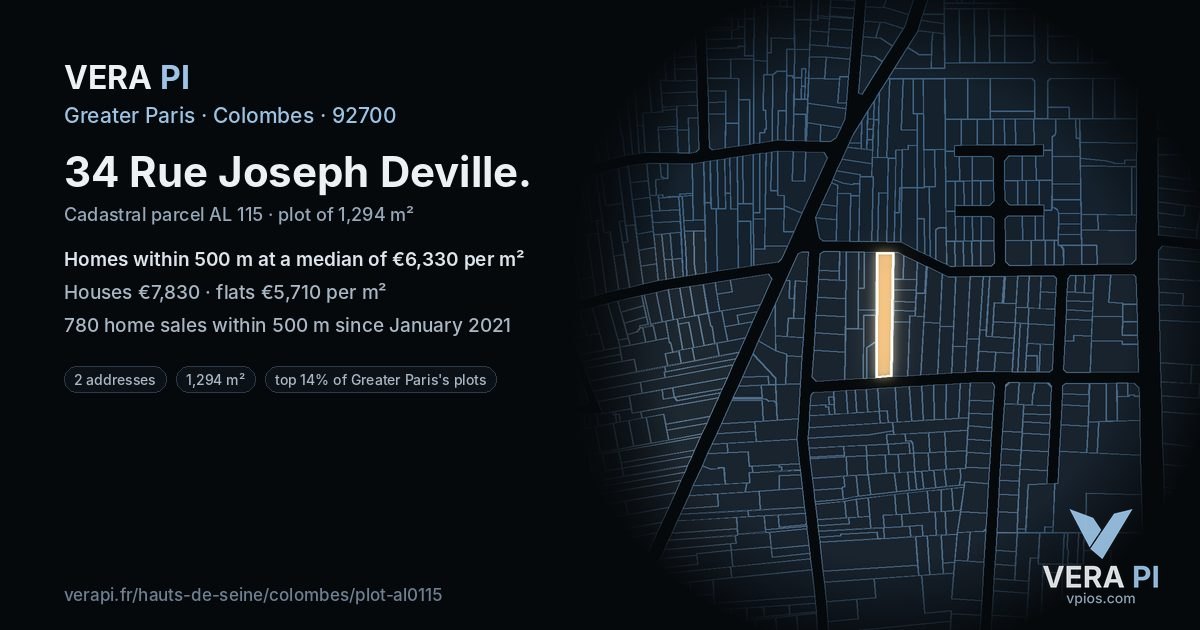34 Rue Joseph Deville, Colombes at night – the plot lit, the parcels around coloured by the prices near them