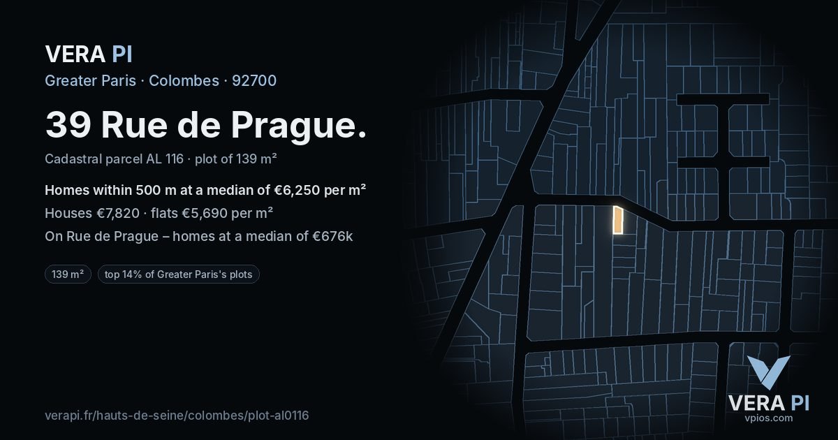39 Rue de Prague, Colombes at night – the plot lit, the parcels around coloured by the prices near them