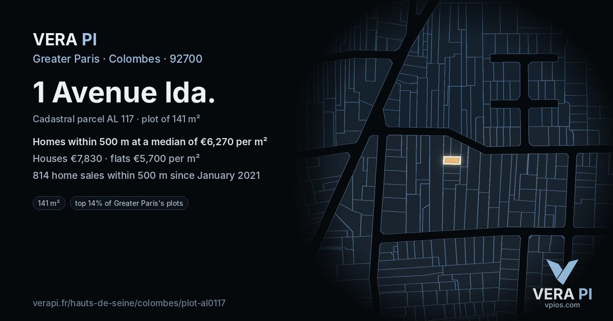1 Avenue Ida, Colombes at night – the plot lit, the parcels around coloured by the prices near them